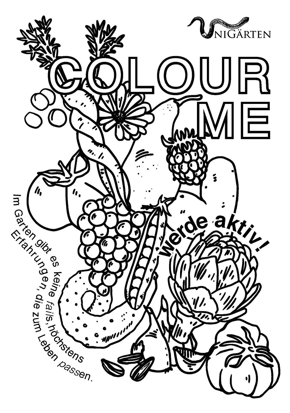 Verschiedenes Gemüse in schwarz und weiss mit dem Schriftzug "Colour Me", der dazu auffordert, das Gemüse auszumalen.